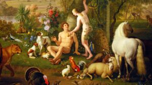 Adam and Eve in Eden. All the animals living peacefully together. The fruit of knowledge depicted as an apple