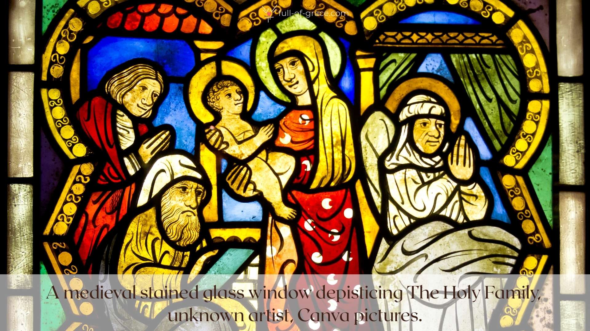 A medieval stained glass window depisticing The Holy Family, unknown artist