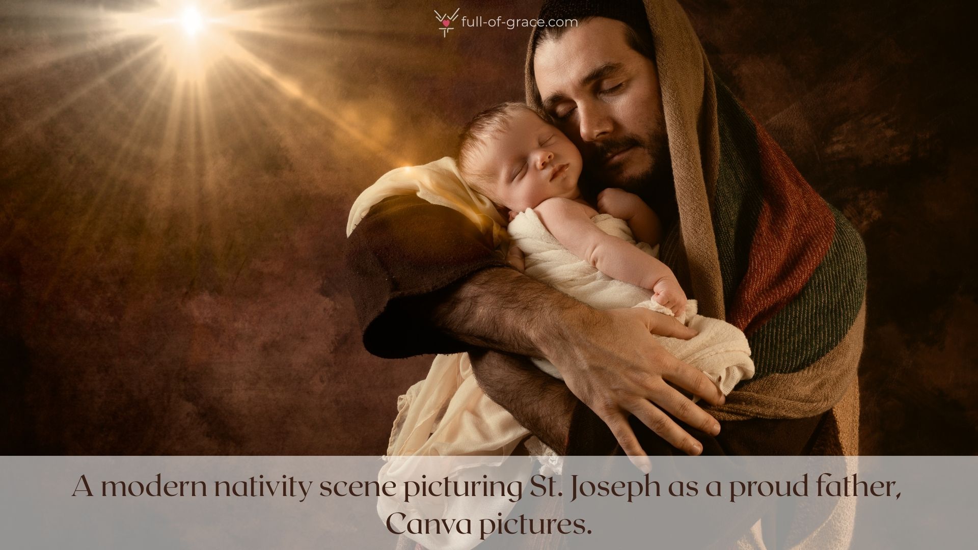 A modern nativity scene picturing St. Joseph as a proud father, cuddling his newborn son