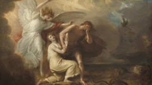 The Expulsion of Adam and Eve from Paradise, 1791, by Benjamin West, by Anglo-American painting, oil on canvas. Archangel Michael expels Adam and Eve, who wear coats of skins' from Eden. The serpent, slithers away on its belly to eat dust.