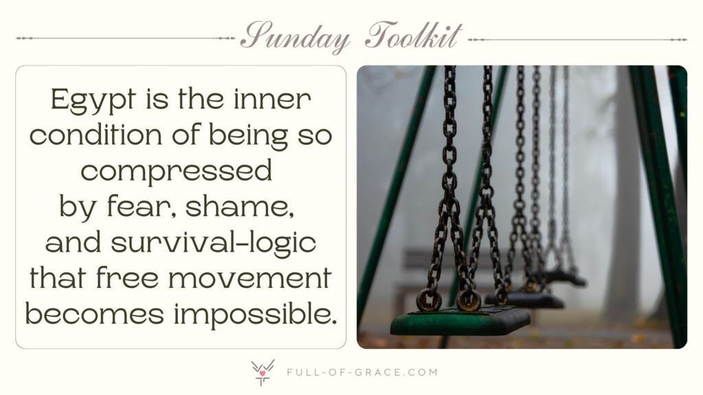 A row of empty swings — text overlay: Egypt is the inner condition of being so compressed by fear, shame, and survival-logic that free movement becomes impossible. — Sunday Toolkit graphic, full-of-grace.com