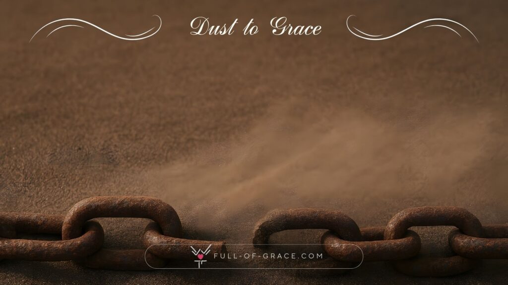 A broken iron chain lying on stone ground, symbolising identity, bondage and rupture in a Lenten reflection on Mark 5:4 — Dust to Grace graphic, full-of-grace.com