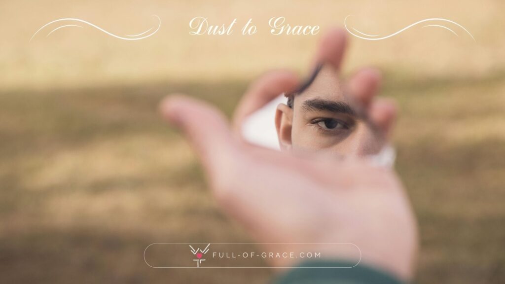 Reflective Eye in Broken Mirror Outdoors — Dust to Grace graphic, full-of-grace.com