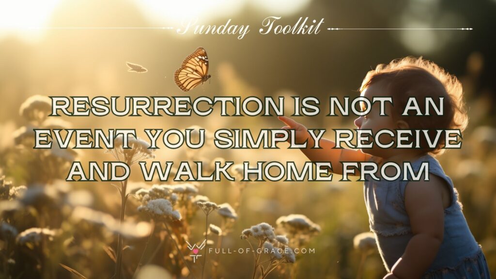 Small child in a sunny field reaching out towards a butterfly — text overlay: resurrection is not an event you simply receive and walk home from — Sunday Toolkit graphic, full-of-grace.com