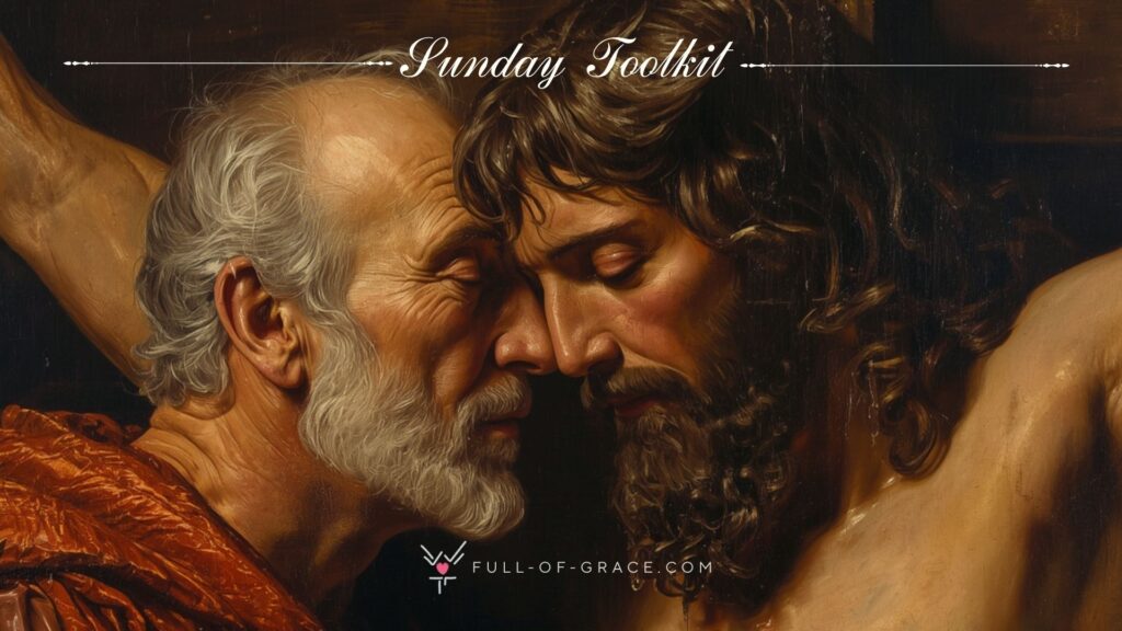 Abba's face lovingly leaning towards Jesus on the cross — Sunday Toolkit graphic, full-of-grace.com