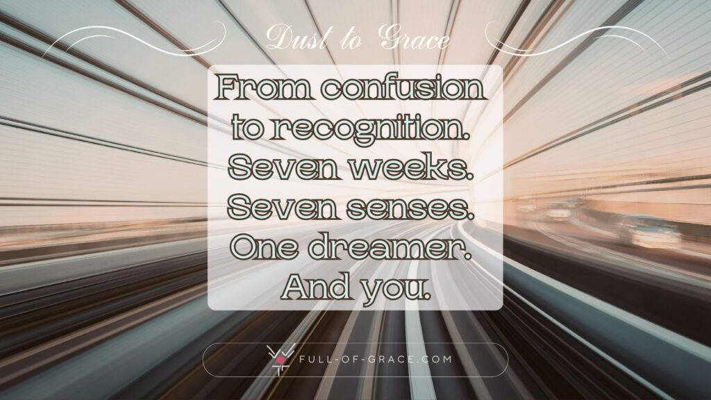 The image captures a dynamic scene of a train speeding through a tunnel, showing the perspective from inside the train, creating a sense of motion and speed. — text overlay: From confusion to recognition. Seven weeks. Seven senses. One dreamer. And you. — Dust to Grace graphic, full-of-grace.com