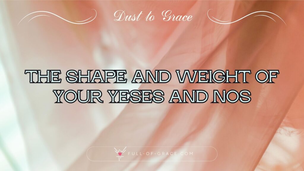 pink tulle veil floatinghalf covering half inviting — text overlay: the shape and weight of your YESes and Nos — Dust to Grace graphic, full-of-grace.com