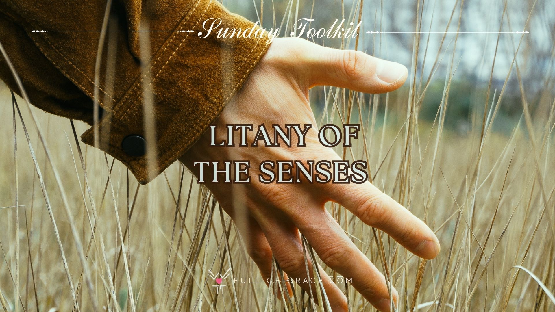a person touching grass — text overlay: litany of the senses — Sunday Toolkit graphic, full-of-grace.com