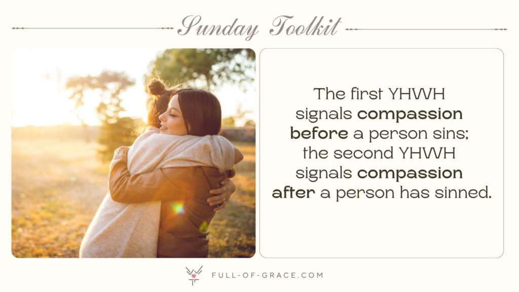 two young women holding each other in their arms — text overlay: The first YHWH signals compassion before a person sins; the second YHWH signals compassion after a person has sinned. — Sunday Toolkit graphic, full-of-grace.com