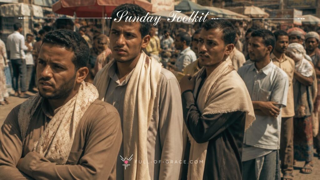 men waiting in a townsquare waiting to be picked up for work — Sunday Toolkit graphic, full-of-grace.com